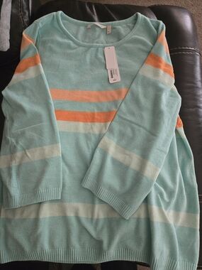 Soft Surroundings Aqua Scoop Neck Sweater with Orange Stripes